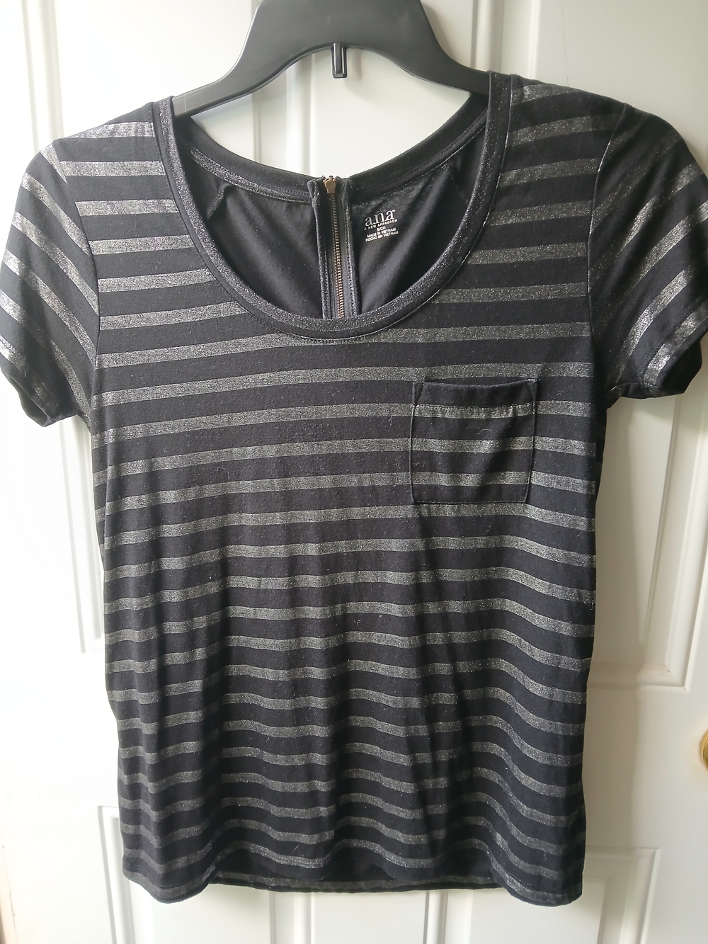 a.n.a Black Metallic Silver Striped Short Sleeve Top